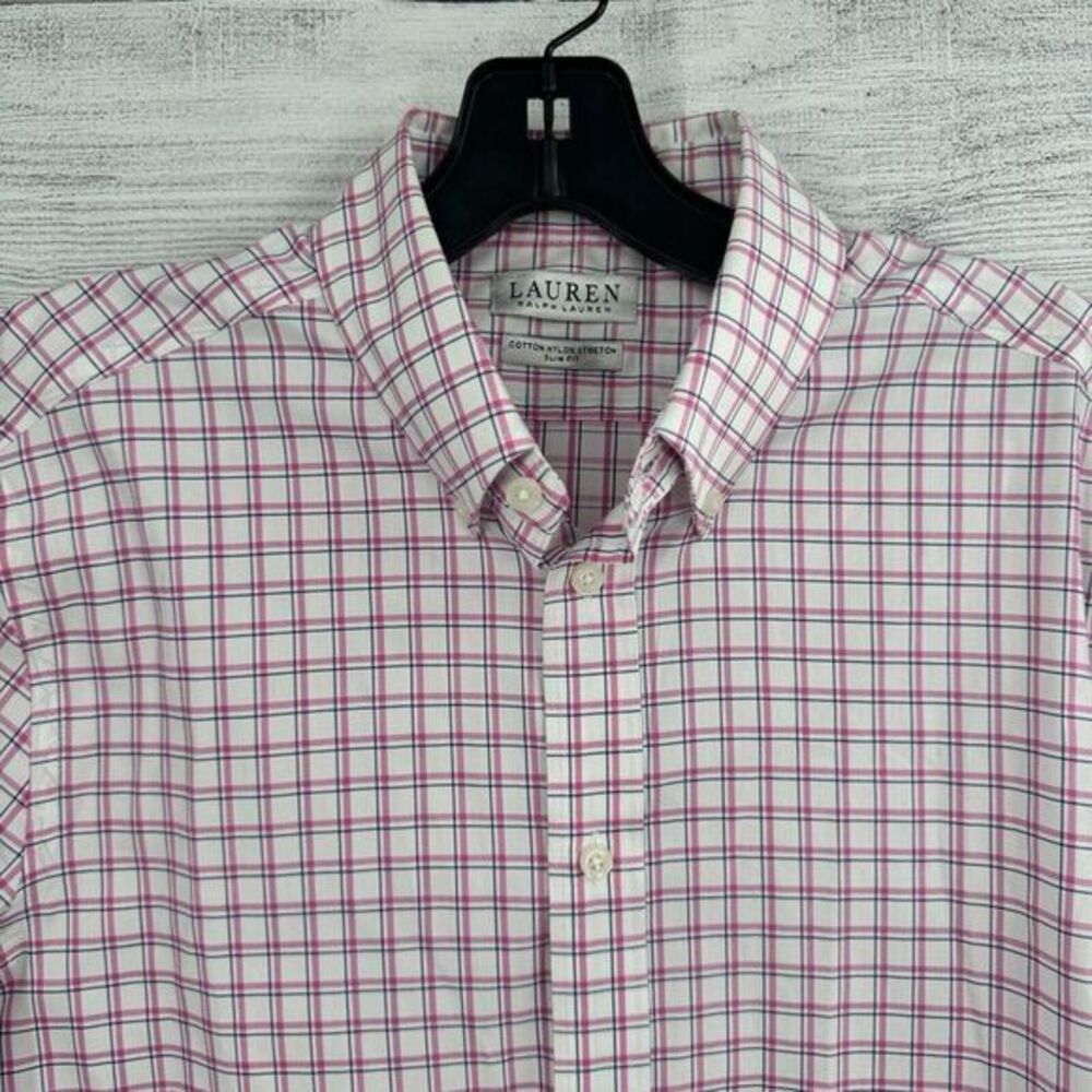Lauren Ralph Lauren Shirt Mens Med 15-34/35 Plaid Slim‎ Fit Performance Stretch